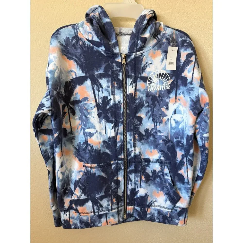 Justice Blue Palm Trees Sunsets Fleece Full Zip Up Hoodie Jacket Size L 12/14